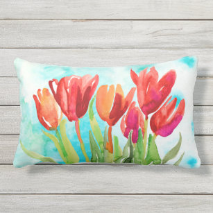 Watercolor Red Tulip on Aqua Throw Pillow