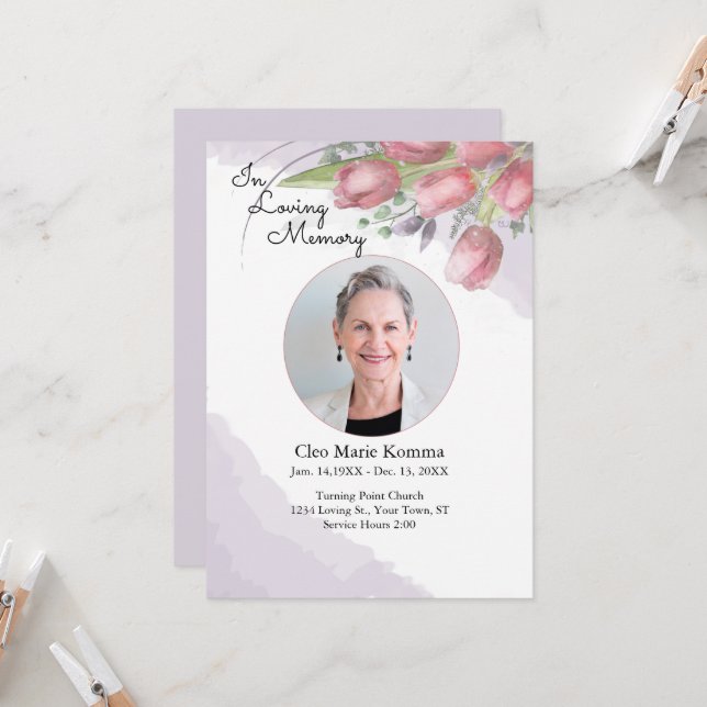 Watercolor Red Tulips Memorial Funeral Card (Front/Back In Situ)