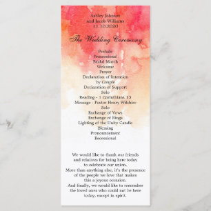 Watercolor red wedding program. Coral ceremony Programme