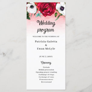 Watercolor Red White Floral Flat Wedding program  Menu
