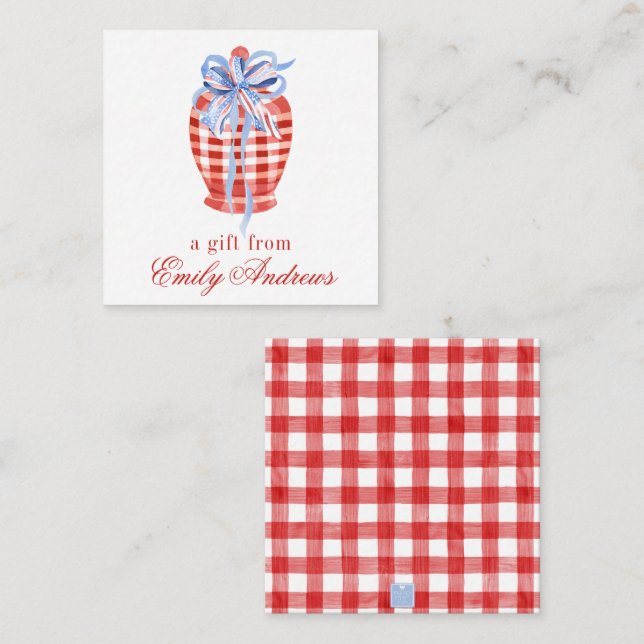 Watercolor Red & White Gingham Bow Ginger Jar Card (Front/Back)