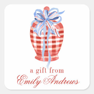 Watercolor Red & White Gingham Bow Ginger Jar Square Sticker