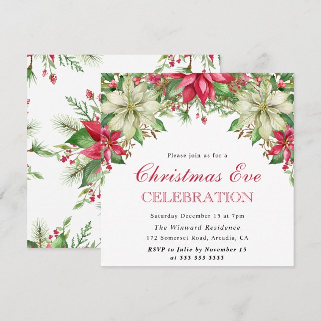 Watercolor Red & White Poinsettia Christmas Eve Invitation (Front/Back)