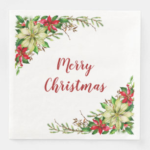 Watercolor Red White Poinsettia Floral Christmas Napkin