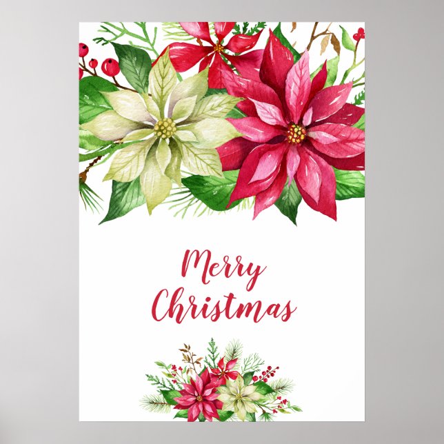 Watercolor Red White Poinsettia Floral Christmas Poster (Front)