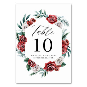 Watercolor Red & White Roses Floral Frame Wedding Table Number