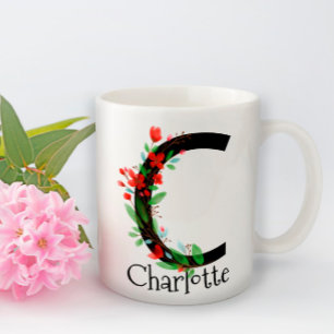 Watercolor red wildflowers monogram coffee mug