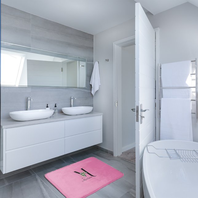 Watercolor red wildflowers monogram pink bath mat (Creator Uploaded)