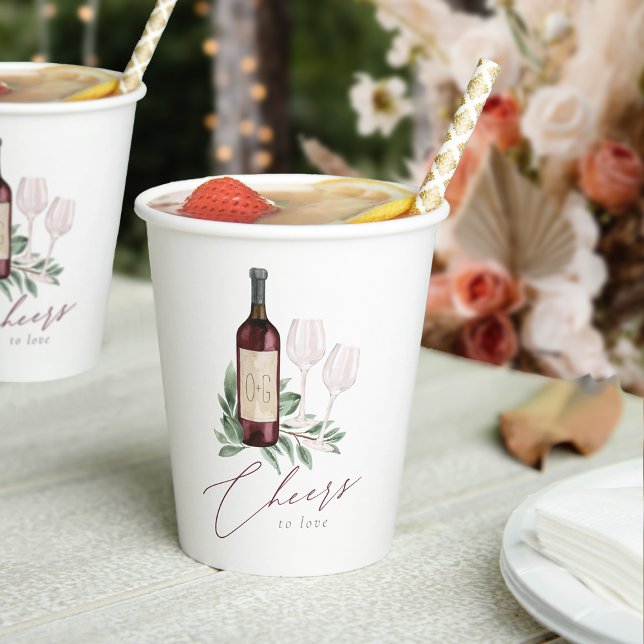 Watercolor Red Wine Botanical Cheers to Love Paper Cups (Creator Uploaded)