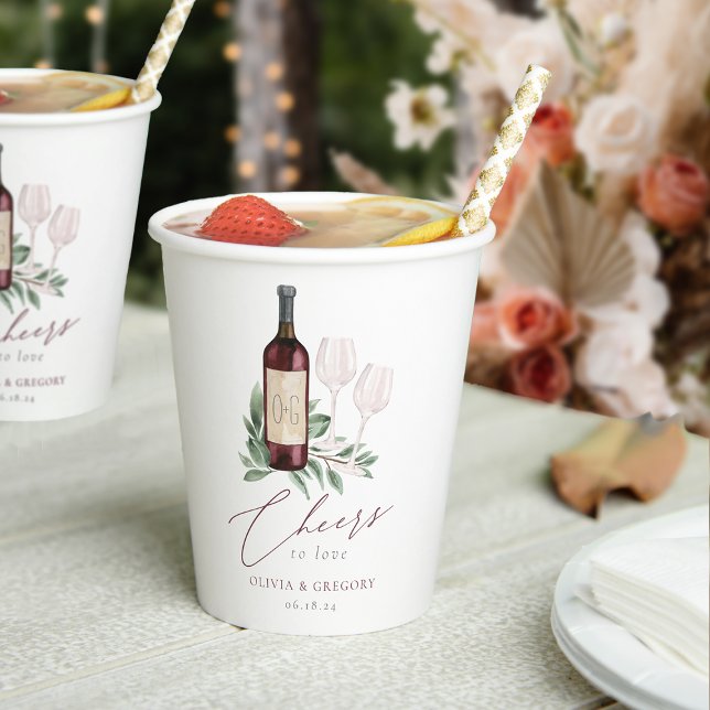 Watercolor Red Wine Cheers to Love Paper Cups (Creator Uploaded)