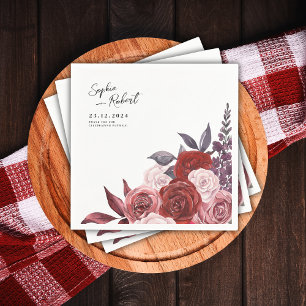 Watercolor Red Wine Flower Wedding Personalised Napkin