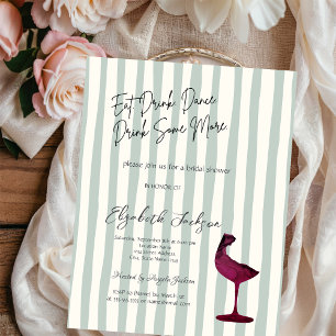 Watercolor Red Wine Glass Green Striped  Invitation