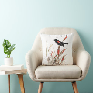 Watercolor Red Wing Blackbird Bird Nature art Cushion