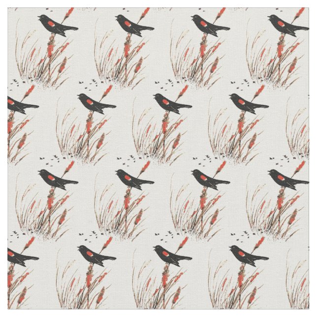 Watercolor Red Wing Blackbird Bird Nature art Fabric (Close Up)
