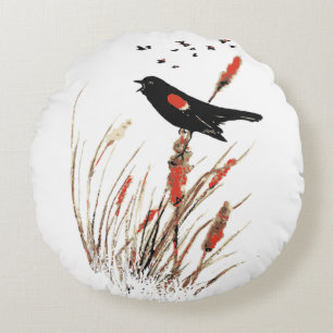 Watercolor Red Wing Blackbird Bird Nature art Round Cushion