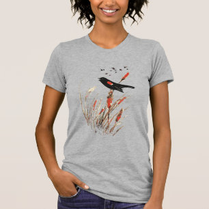 Watercolor Red Wing Blackbird Bird Nature art T-Shirt