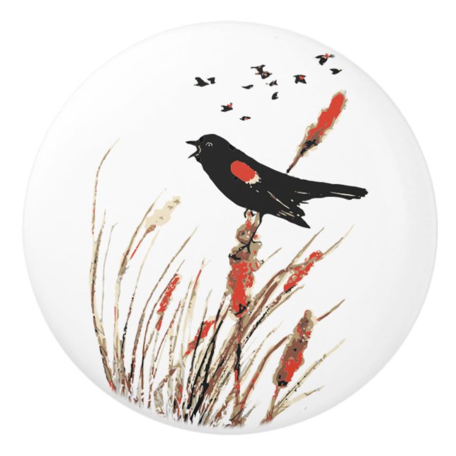 Watercolor Red-winged Blackbird Bird Nature Art Ceramic Knob (Front)