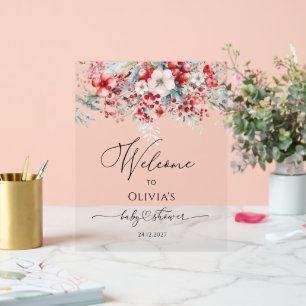 Watercolor Red Winter Floral Baby Shower Welcome Acrylic Sign
