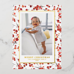 Watercolor Red Winterberry Christmas Photo Foil Holiday Postcard