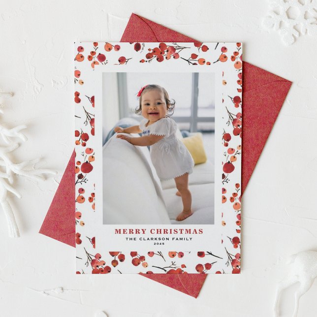 Watercolor Red Winterberry Christmas Photo Holiday Card (Watercolor Red Winterberry Photo Christmas Holiday Card)