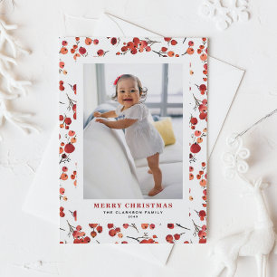 Watercolor Red Winterberry Christmas Photo Holiday Postcard