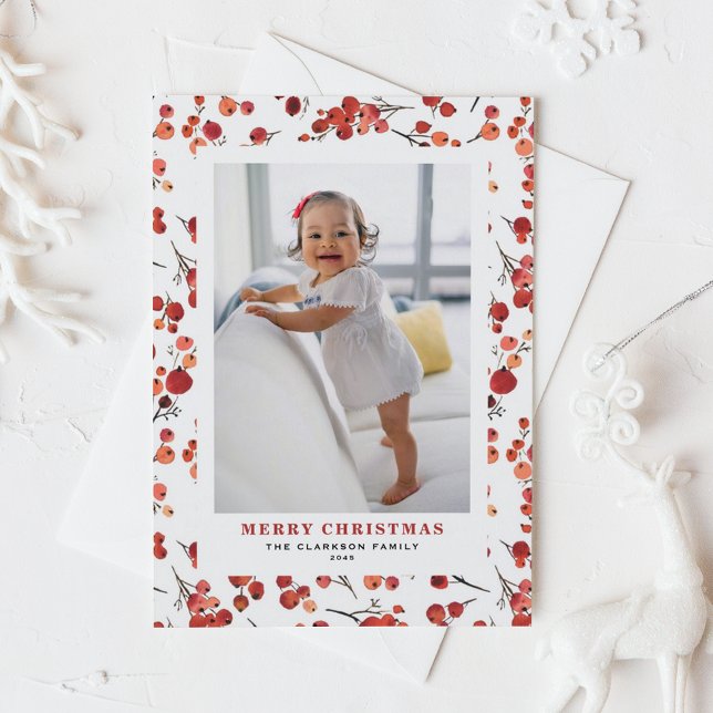Watercolor Red Winterberry Christmas Photo Holiday Postcard (Watercolor Red Winterberry Christmas Photo Holiday Postcard)