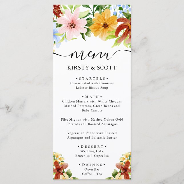Watercolor Red Yellow Blue Flowers Wedding Menu (Front)