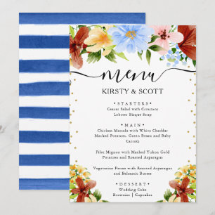 Watercolor Red, Yellow & Blue Flowers Wedding Menu