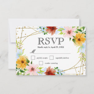 Watercolor Red Yellow Blue Flowers Wedding RSVP Card