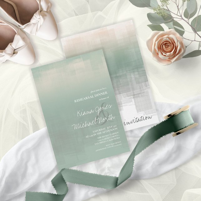 Watercolor Reflections Rehearsal Sage ID774 Invitation (Front/Back In Situ)