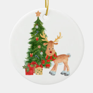 Watercolor Reindeer Baby Ceramic Tree Decoration