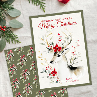 Watercolor Reindeer Christmas Red Floral Greenery  Holiday Card