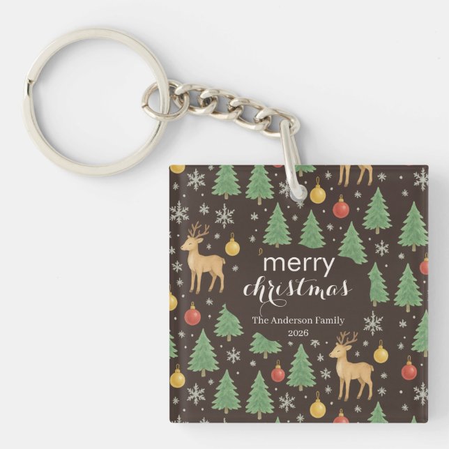 Watercolor Reindeer & Christmas Tree -  Key Ring (Front)