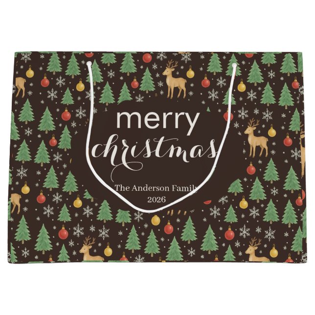 Watercolor Reindeer & Christmas Tree -  Large Gift Bag (Front)