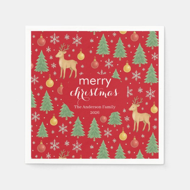 Watercolor Reindeer & Christmas Tree -  Napkin (Front)