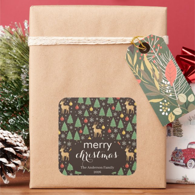Watercolor Reindeer & Christmas Tree -  Square Sticker (Holiday)