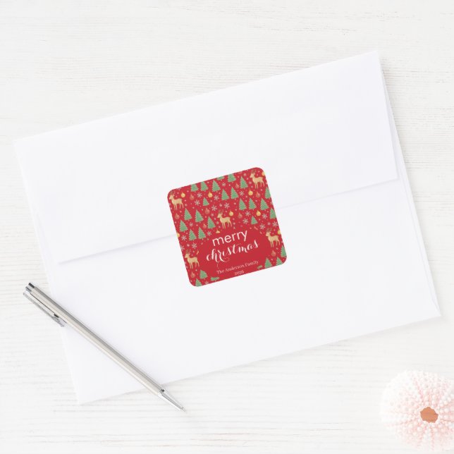 Watercolor Reindeer & Christmas Tree -  Square Sticker (Envelope)