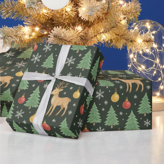 Watercolor Reindeer & Christmas Tree -  Wrapping Paper (Holidays)