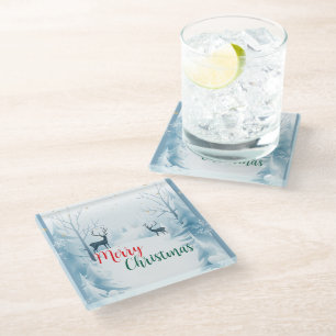 Watercolor reindeer fawn tree merry Xmas party Glass Coaster