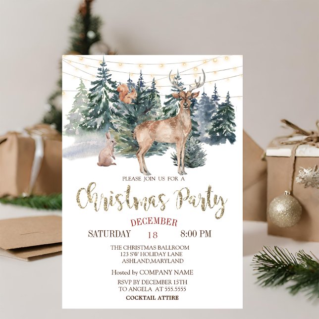 Watercolor  Reindeer,Forest Christmas Party   Invitation (Creator Uploaded)