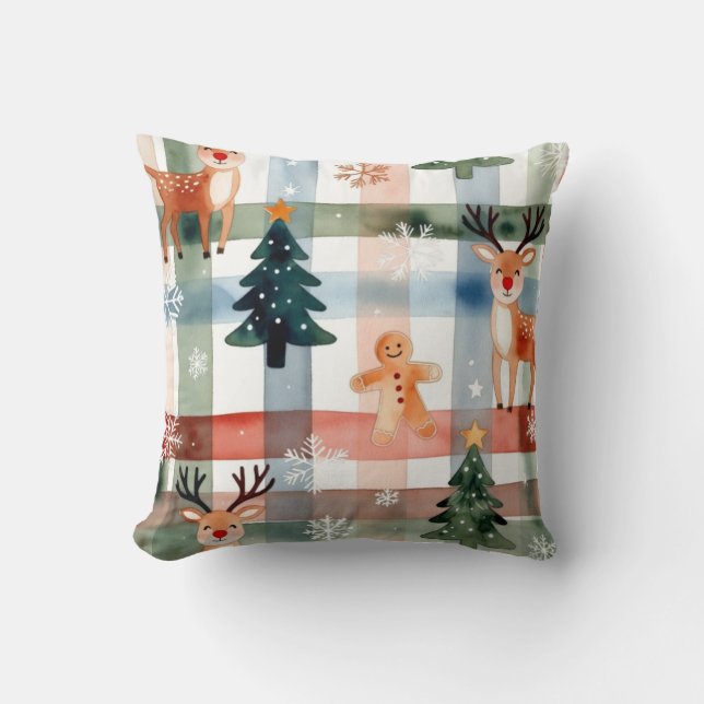 Watercolor Reindeer Gingerbread Man Snowflake Tree Cushion (Front)