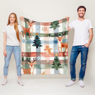 Watercolor Reindeer Gingerbread Man Snowflake Tree Fleece Blanket