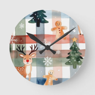 Watercolor Reindeer Gingerbread Man Snowflake Tree Round Clock