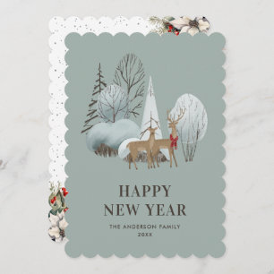 Watercolor Reindeer Holly Berries New Year Card