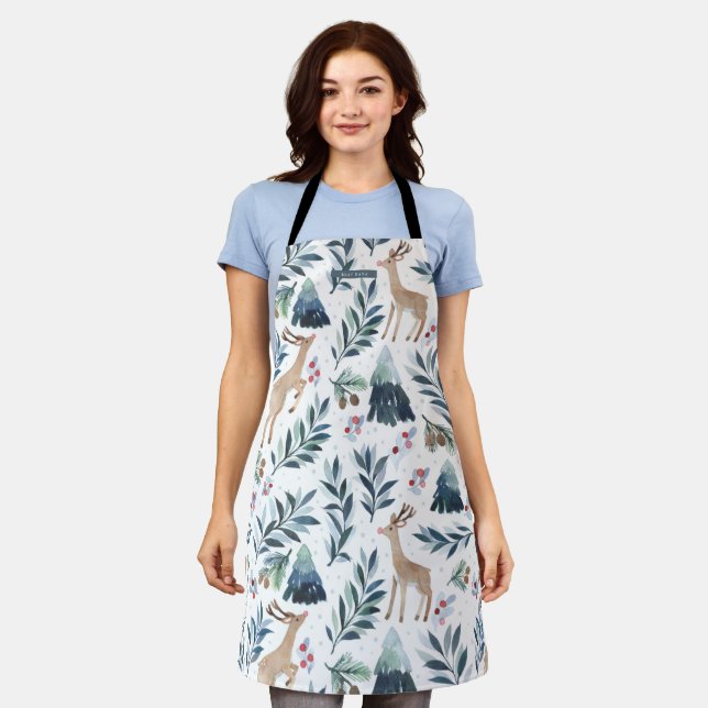 Watercolor Reindeer in the Forest Christmas Apron (Worn)