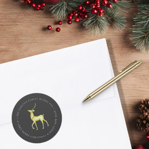 Watercolor Reindeer Merry Christmas Family Name Classic Round Sticker