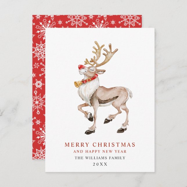 Watercolor Reindeer Merry Christmas Holiday Card (Front/Back)