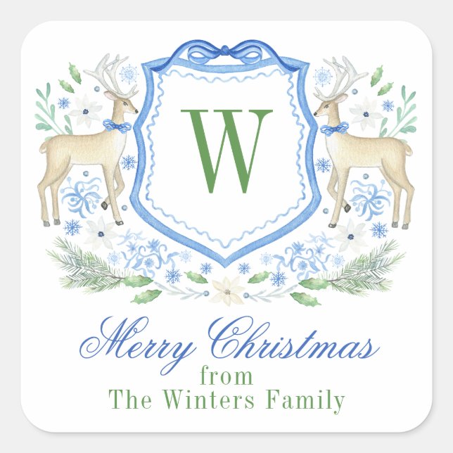 Watercolor Reindeer Monogram Crest Christmas Square Sticker (Front)