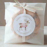Watercolor Reindeer Personalised Merry Christmas Classic Round Sticker<br><div class="desc">These cute holiday stickers feature a watercolor reindeer in a pink sweater. The words "Merry Christmas" appear in beige serif font,  with your family's name below.</div>