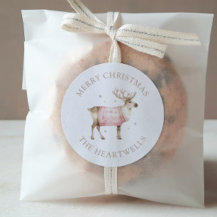 Watercolor Reindeer Personalised Merry Christmas Classic Round Sticker